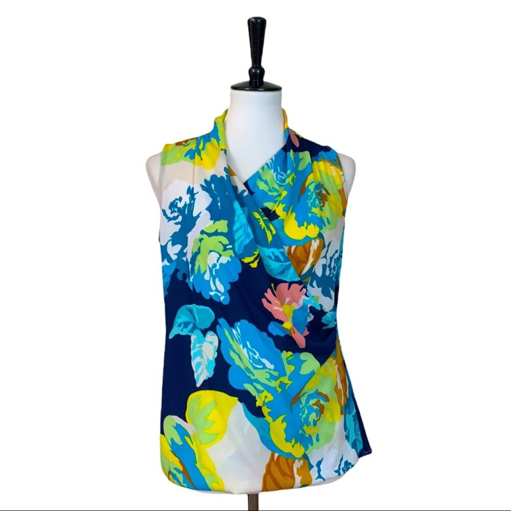 Cabi Blossom Women's #741 Blue Teal Floral Sleeveless Faux Wrap Top Size XS